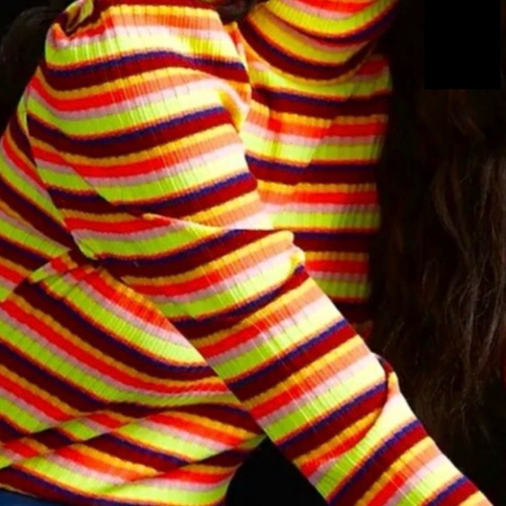 Maeve Neon Stripe Ruffle Turtleneck Sweater
